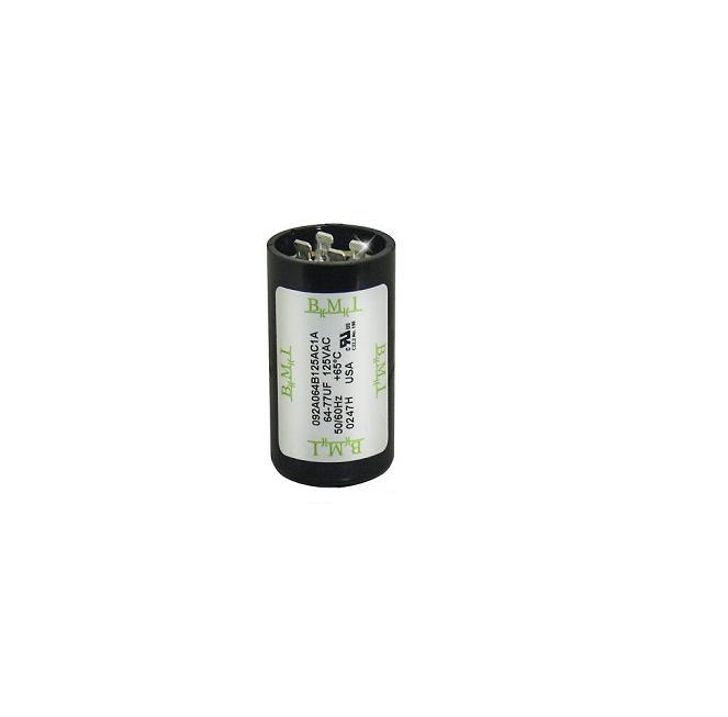 BMI motor starting capacitor 64-77 UF black cylindrical electrical component with label