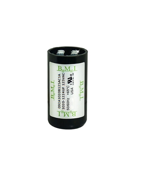 BMI Motor Starting Capacitor 1020-1224UF black cylindrical electrical component with specifications label