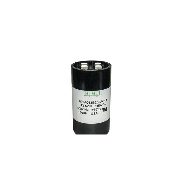BMI motor starting capacitor 43-52 uf with 250VAC rating and black cylindrical design