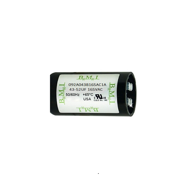 BMI motor starting capacitor 43-52 uf black cylindrical electrical part with voltage and frequency ratings