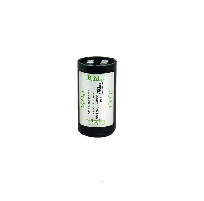 BMI motor starting capacitor 43-52 uf black cylindrical electrical component with label