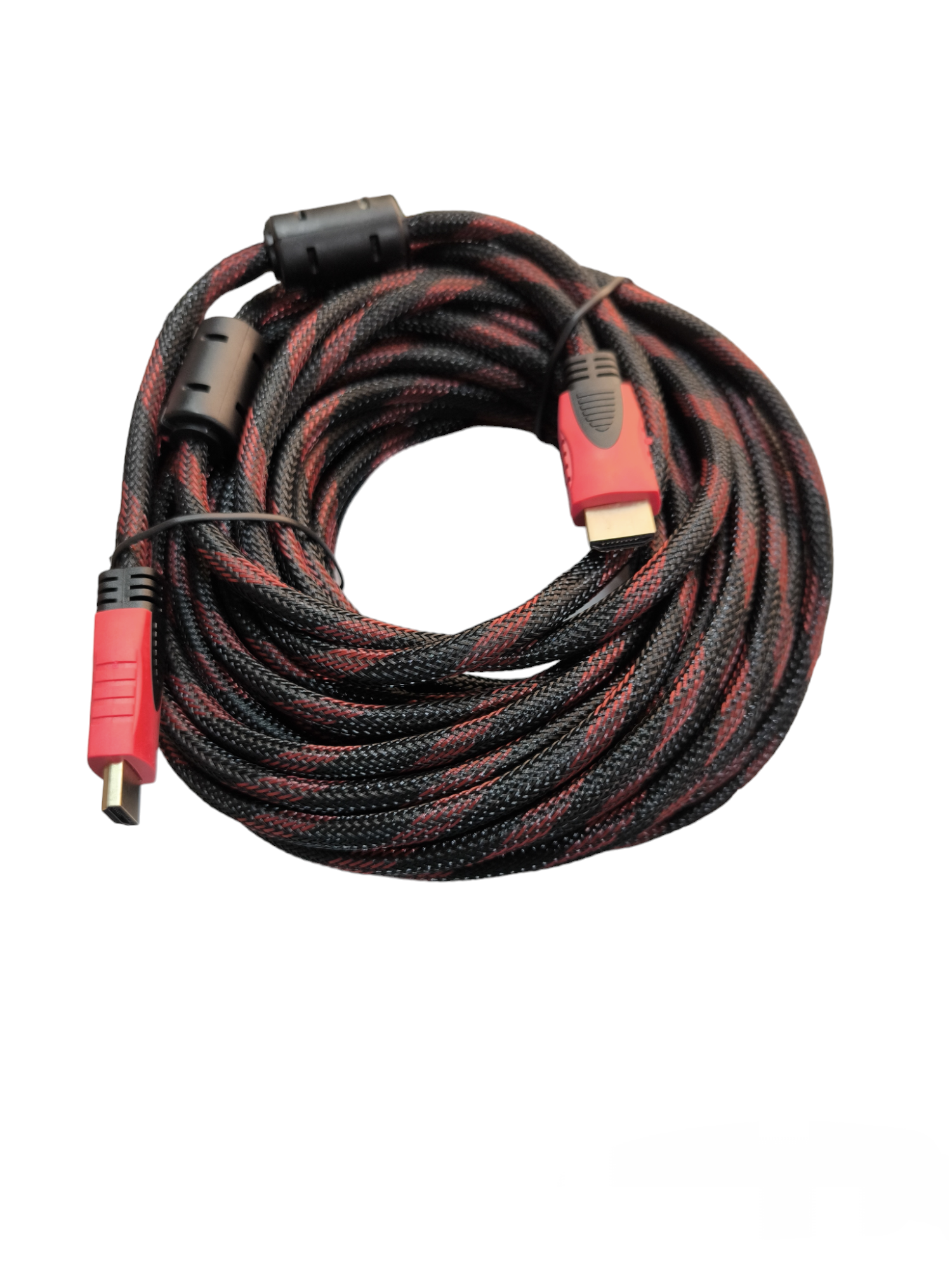 Braided HDMI to HDMI 1.4V cable in black and red with ferrite cores for signal interference reduction