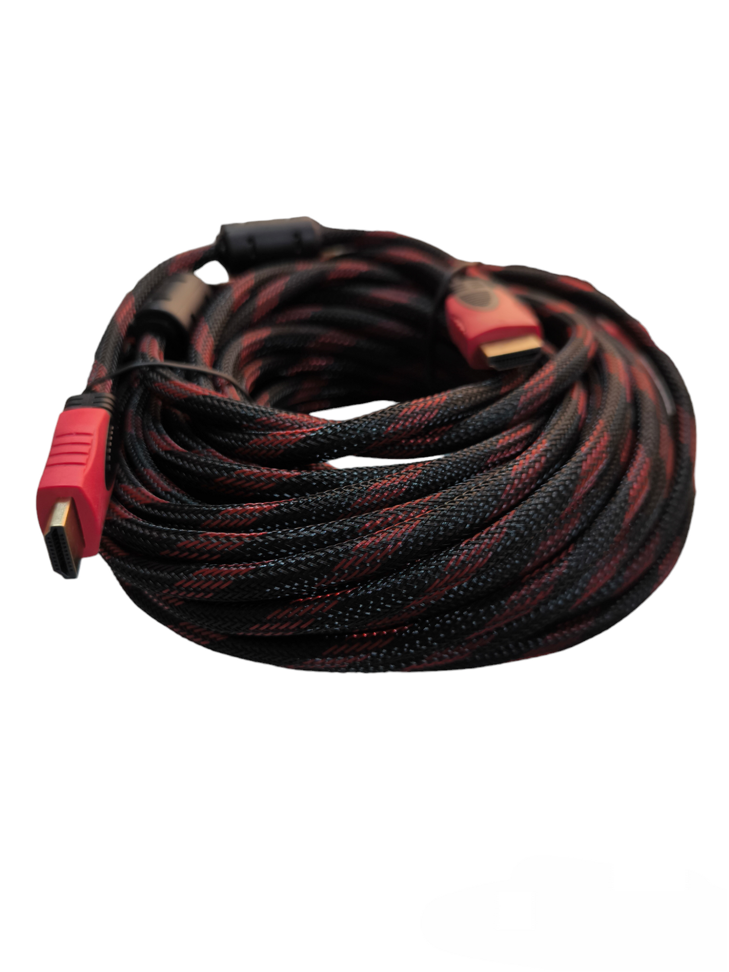 Braided HDMI to HDMI 1.4V cable with red connectors and durable black and red braided cover