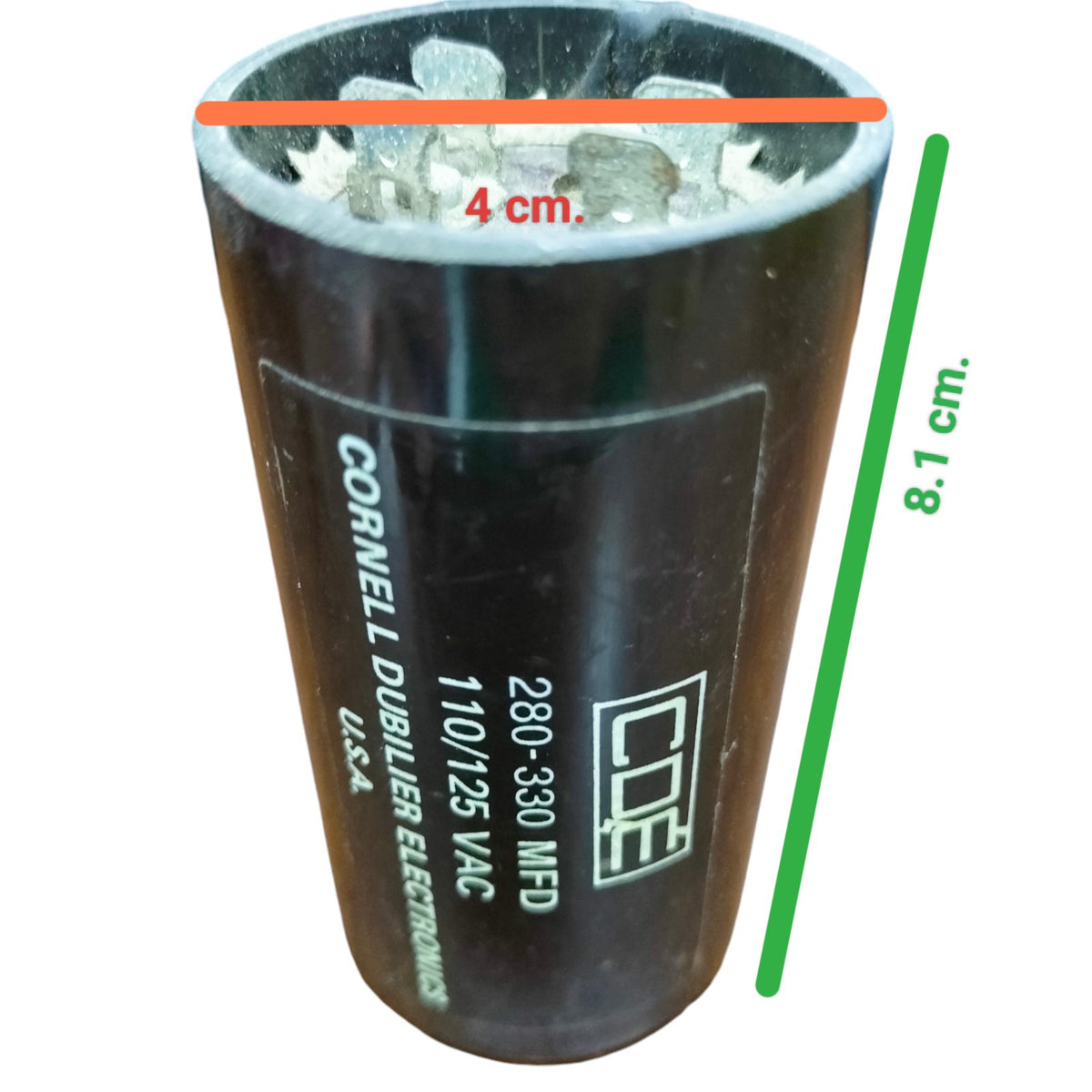 Brand CDE 280-330 MFD 110-125V electrical capacitor with black cylindrical body and labeled specifications