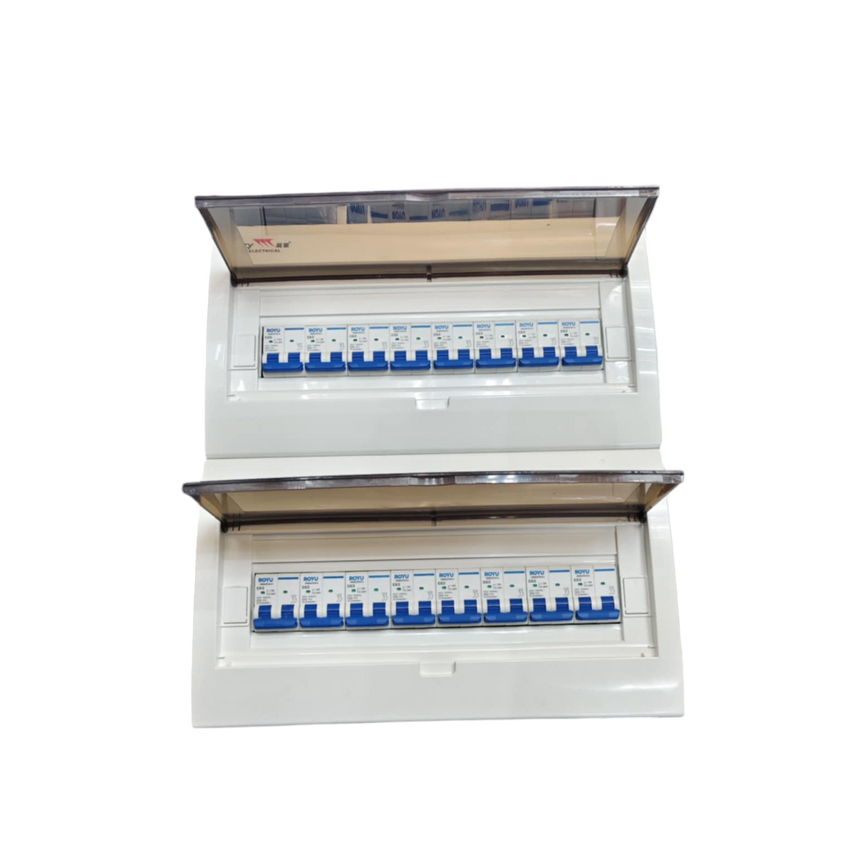 Royu & ZY Breakers Panel Board 63A 2 Pole Main with multiple circuit breakers in white casing