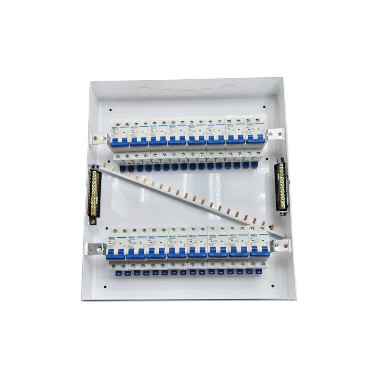 Royu & ZY Breakers Panel Board 63A 2 Pole Main with multiple circuit breakers in metal enclosure