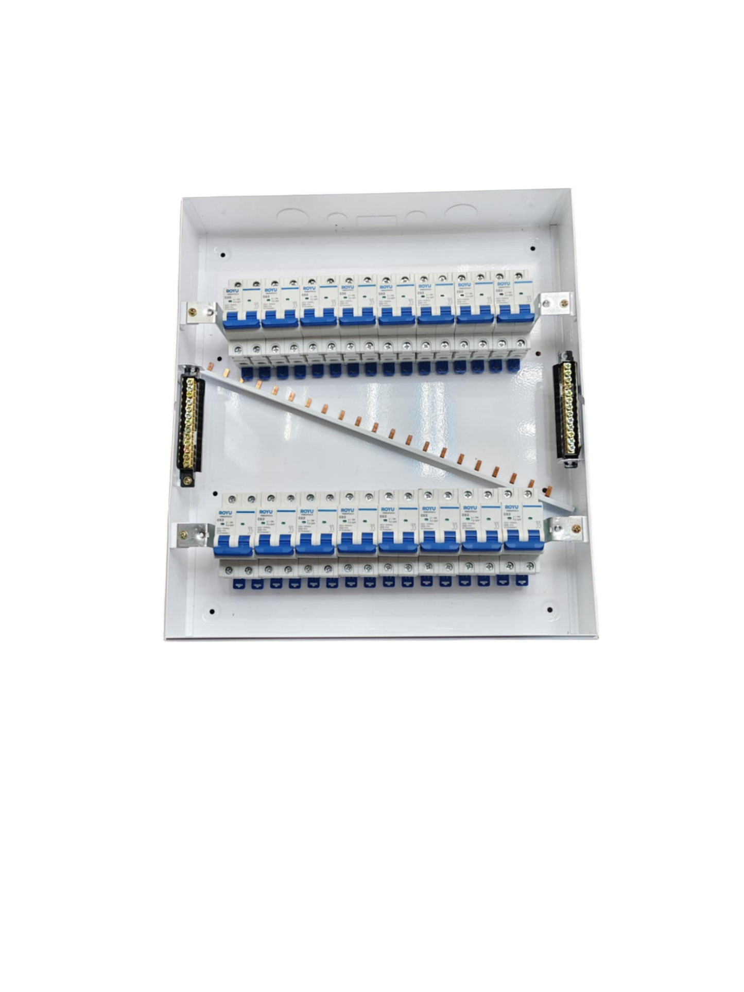 Royu & ZY Breakers Panel Board 50A 2 Pole Main with multiple circuit breakers in white metal casing