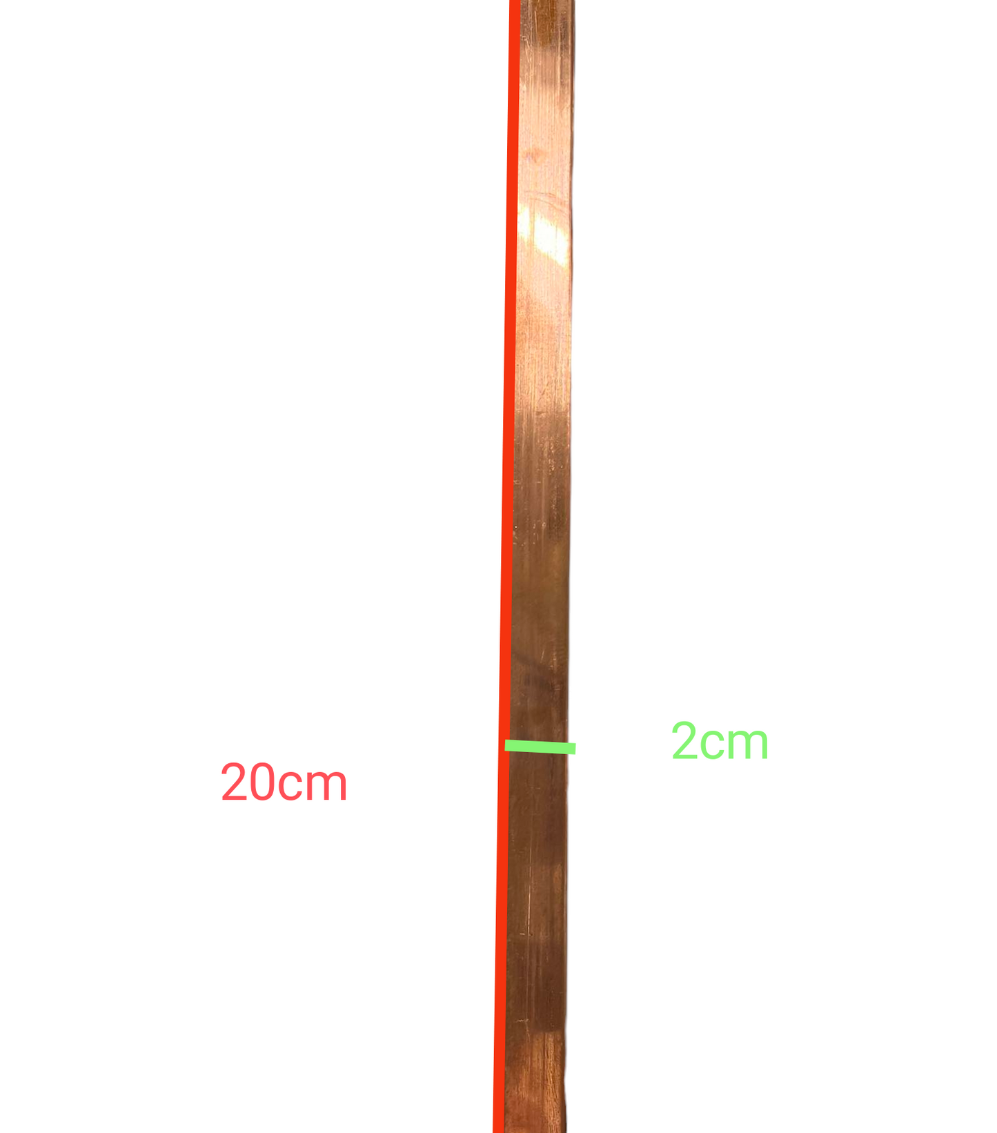 Copper electrical Bus Bar 4mm x 20mm with measurements marked in red and green