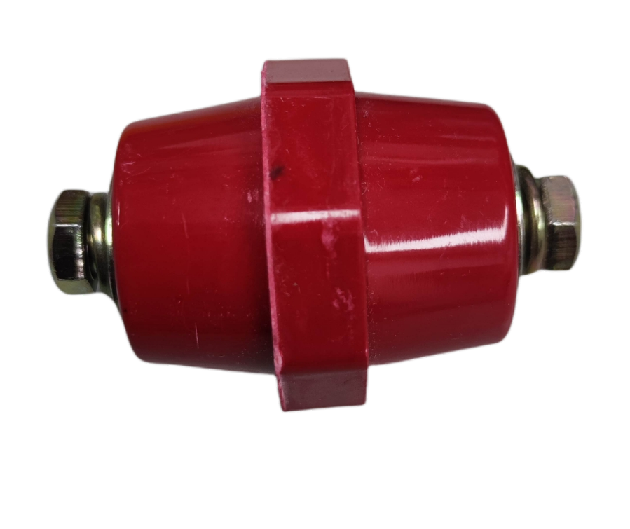 Red Bus Bar Insulator 12Kv SM-7110 electrical component with metal bolts on black background