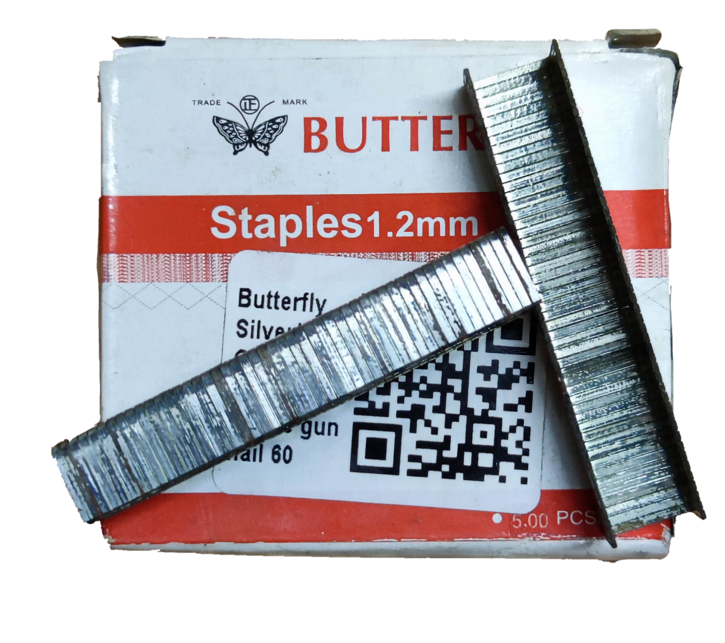 Butterfly staples box with two metal staple strips on top showing 1.2mm size and 500pcs box staple wires