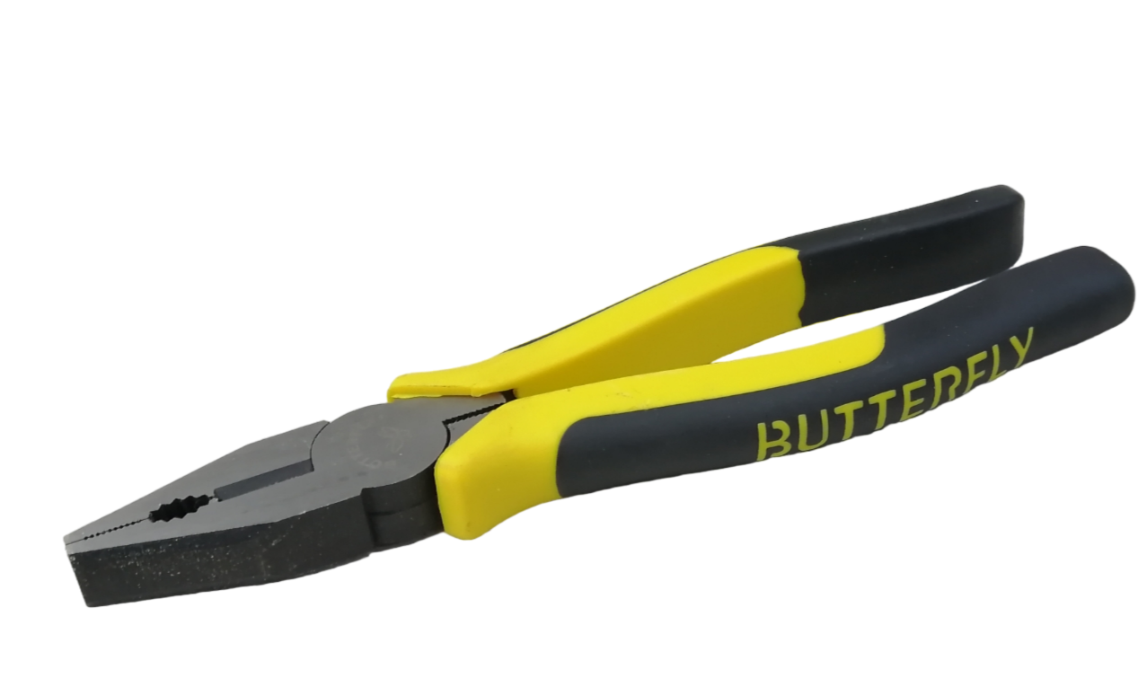Butterfly Combination Plier 203mm 8 Inches with yellow and black ergonomic handles for gripping and cutting
