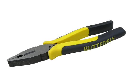 Butterfly Combination Plier 203mm 8 Inches with yellow and black ergonomic handles for gripping and cutting