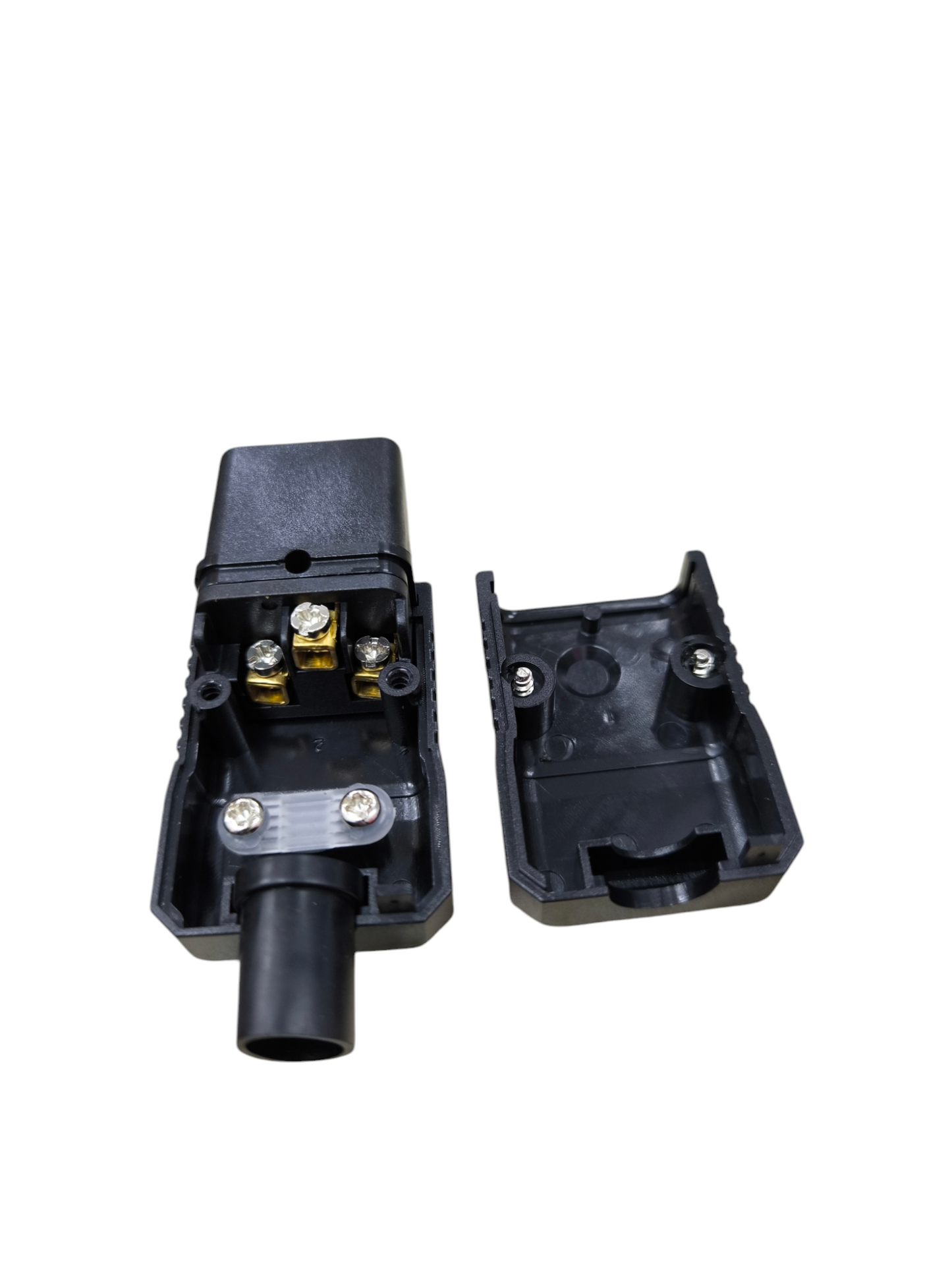 Grippes C19 Female Computer Connetor electrical circuitry part with black plastic casing opened