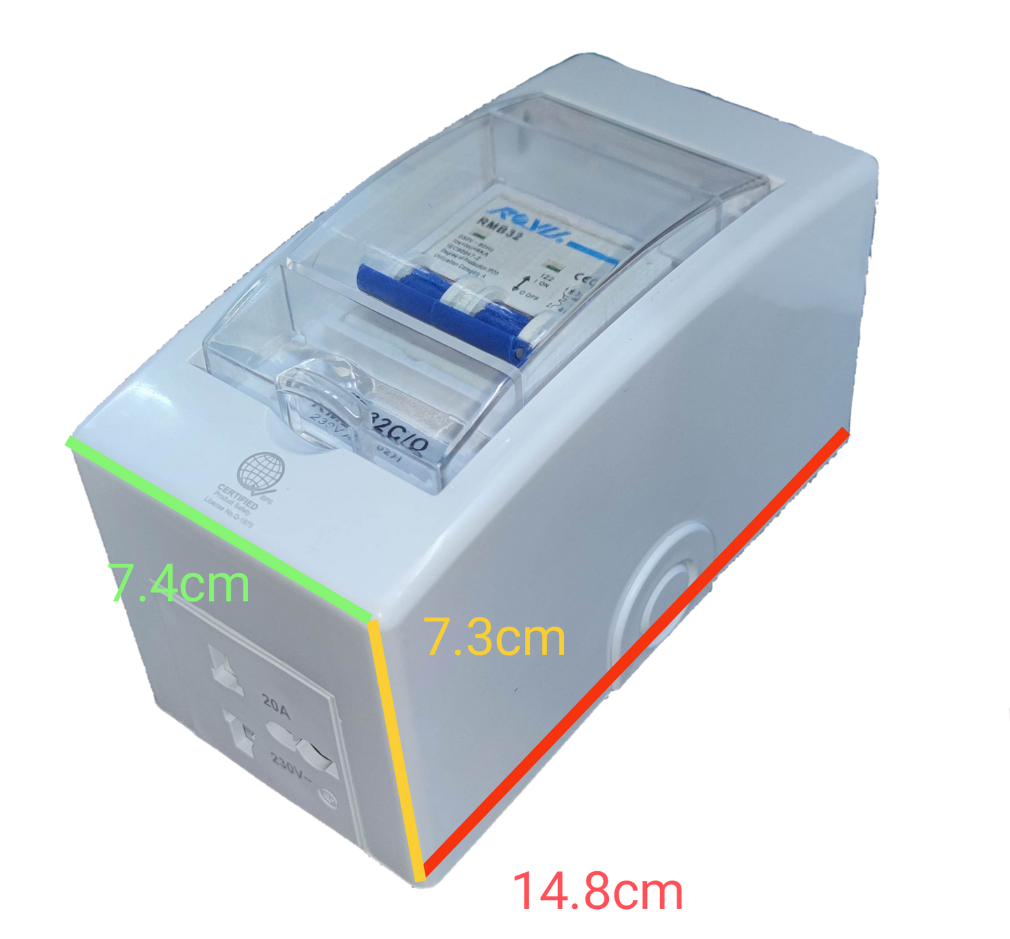 Royu 20A Circuit Breaker 220V 6KIAC with PVC Enclosure with Universal Outlet, Aircon Breaker With Cover RMB20C/O