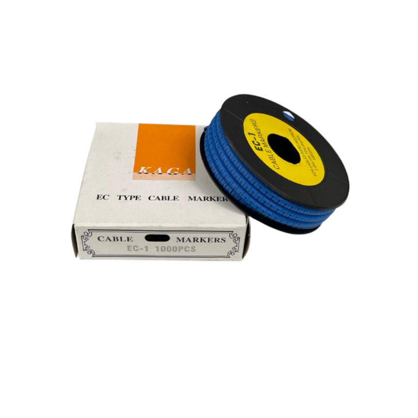 Grippes Cable Marker Blue - I on a spool with packaging for organizing and labeling cables