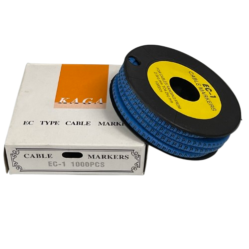 Grippes Cable Marker Blue - P on a spool with packaging for organized cable management