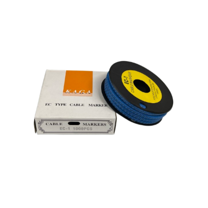 Grippes Cable Marker Blue - U on spool with box showing 1000 pieces for organized cable management