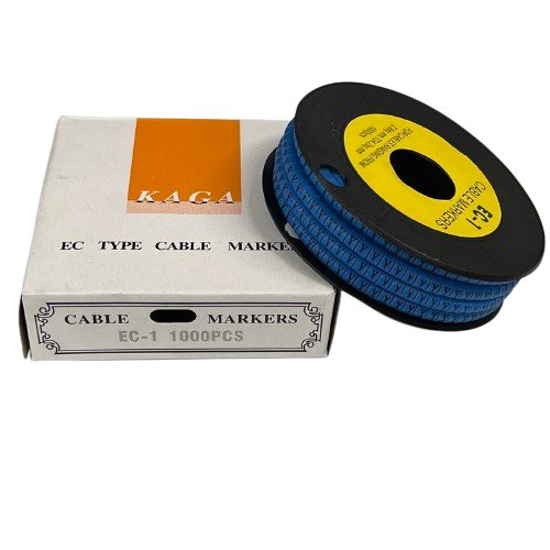 Grippes Cable Marker Blue - Y on a spool with the packaging for organized cable management
