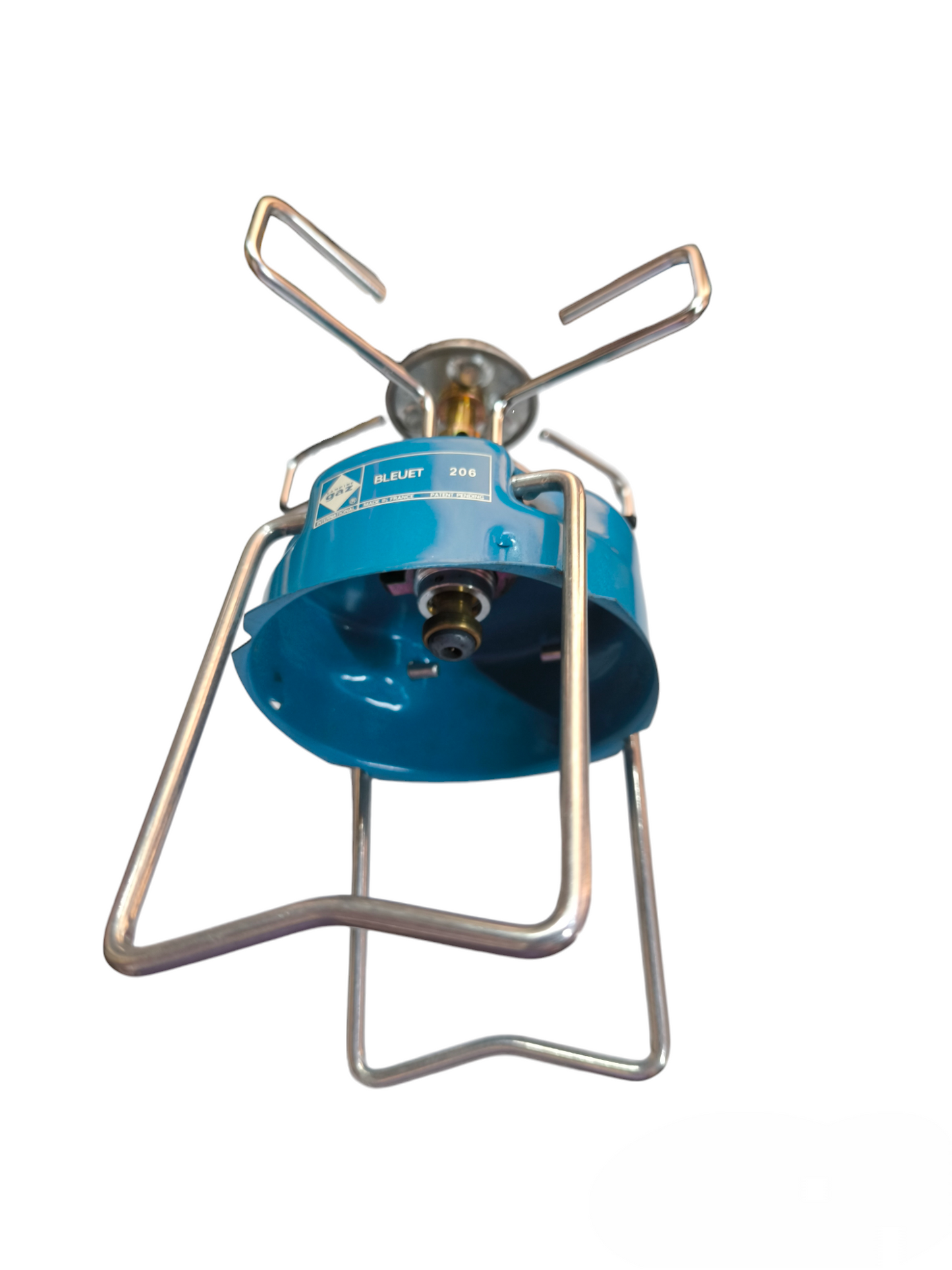 Bleuet 206 camping gas stove in blue with metal frame and support for outdoor cooking