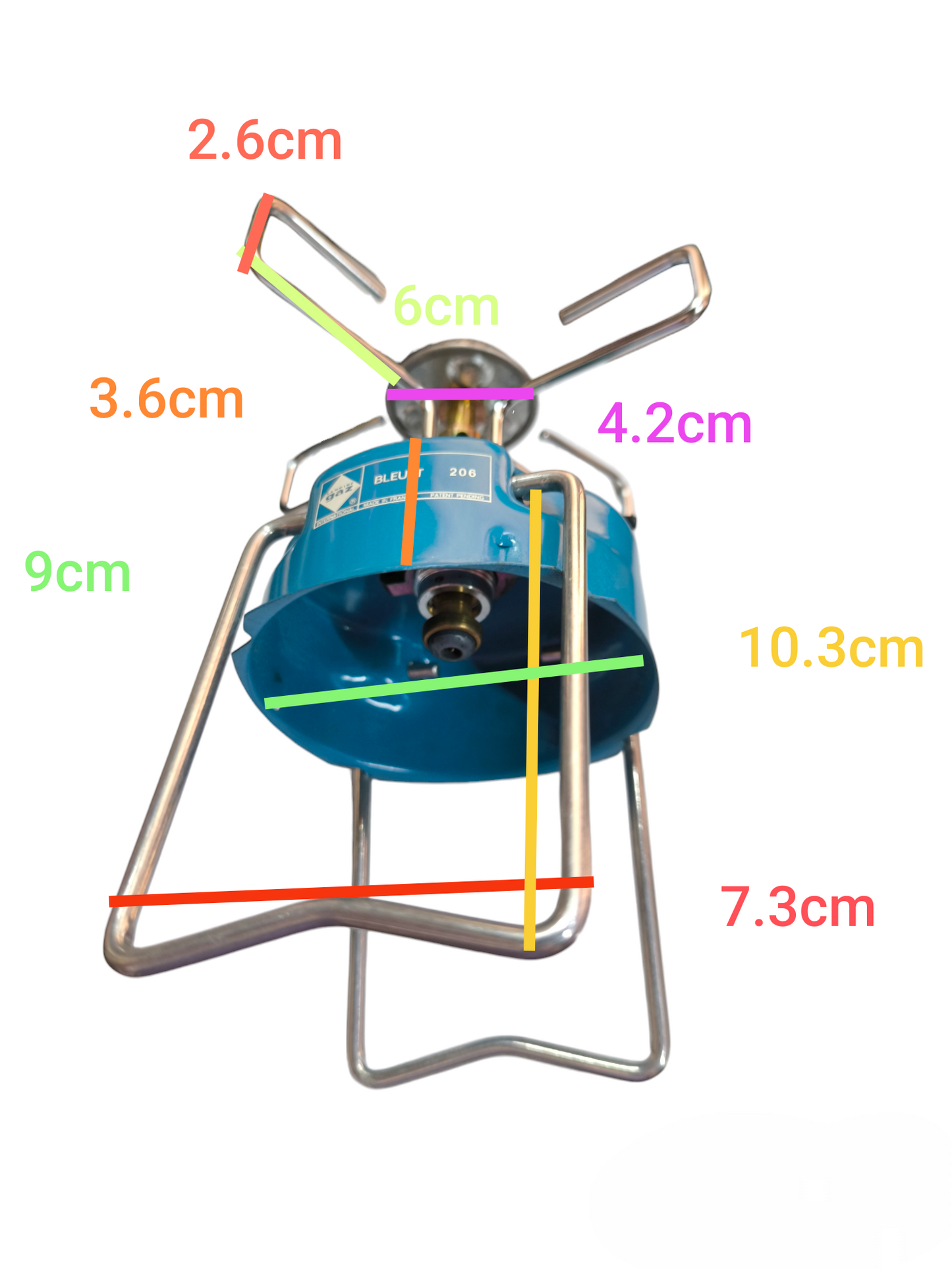 Bleuet 206 camping gas stove in blue with metal supports and detailed size measurements