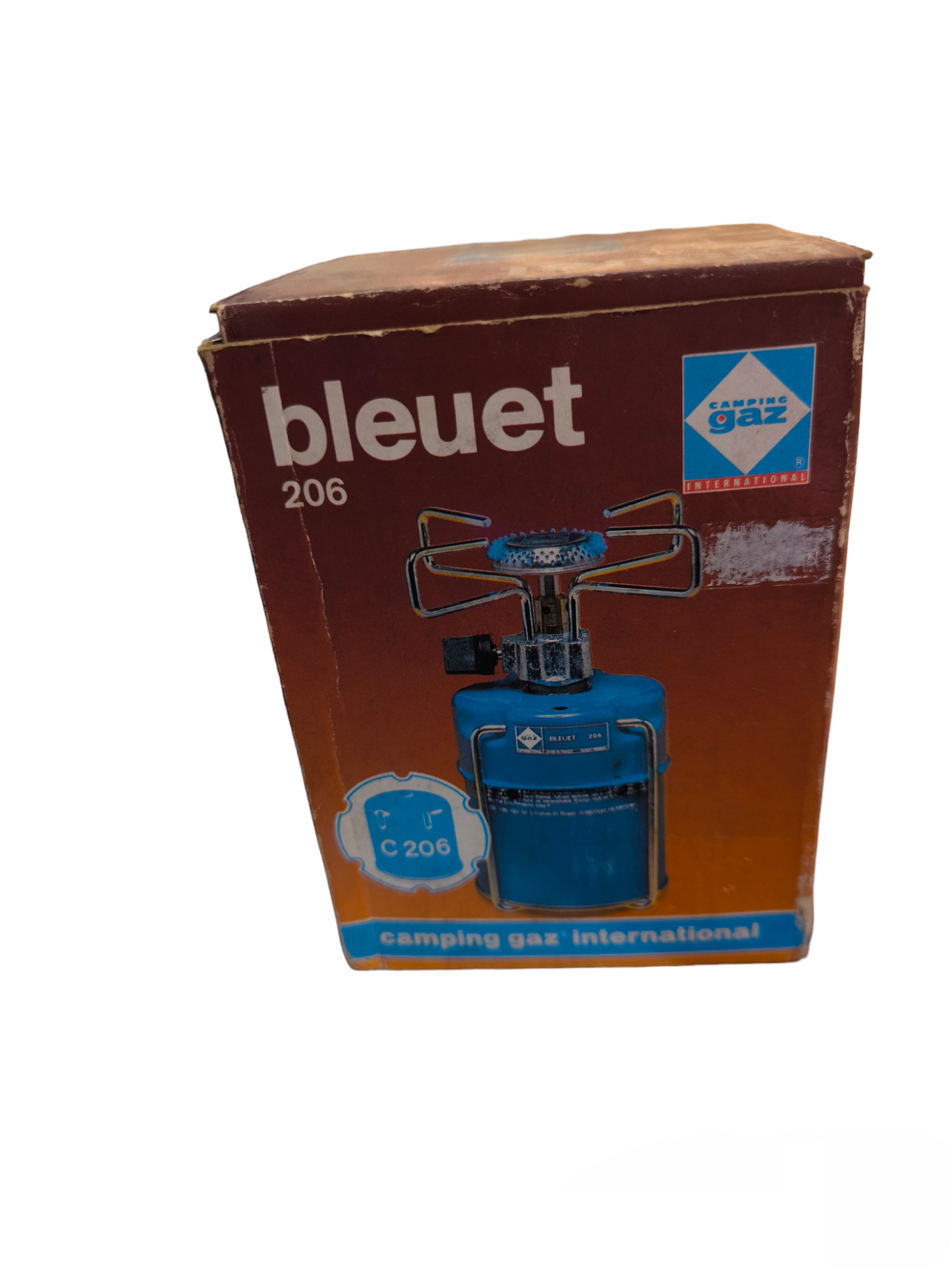 Bleuet 206 camping gas stove in original packaging with blue portable stove and metal supports