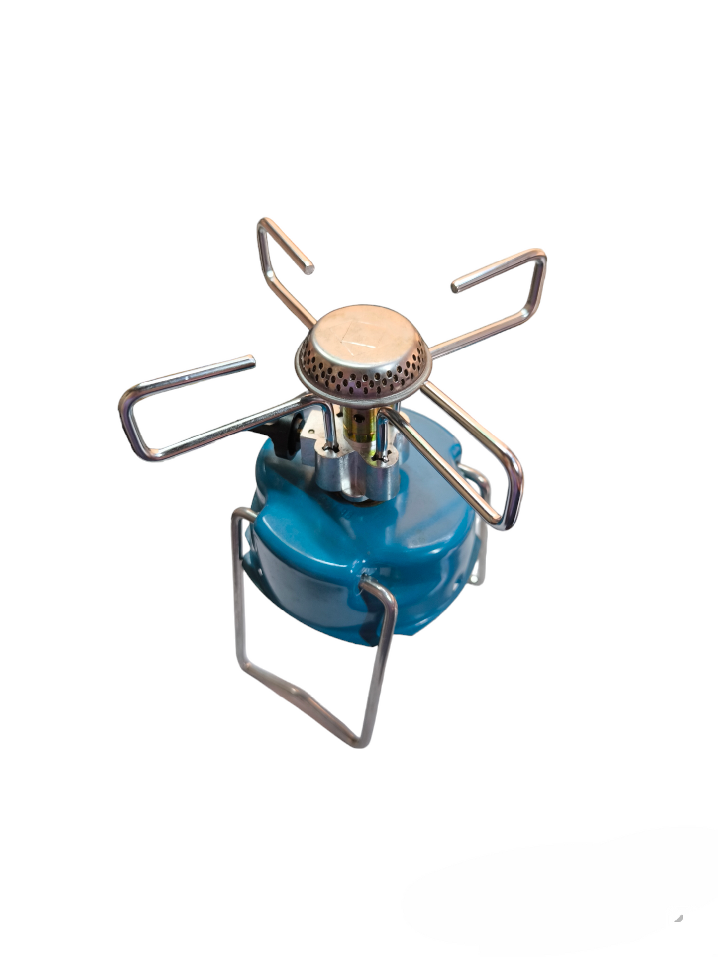 Compact bleuet 206 camping gas stove with blue fuel tank and foldable metal supports for outdoor cooking