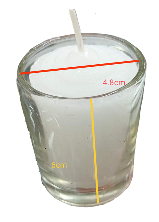 Local candle with glass white in a clear glass holder measuring 4.8 cm diameter and 6 cm height