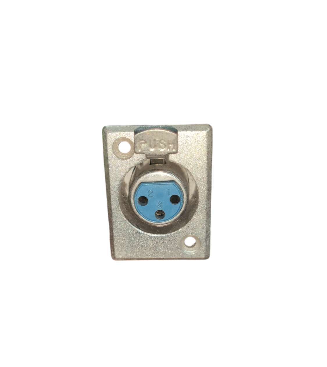 Metal Canon Jack Chassis Type electrical connector with blue interior and push button cover