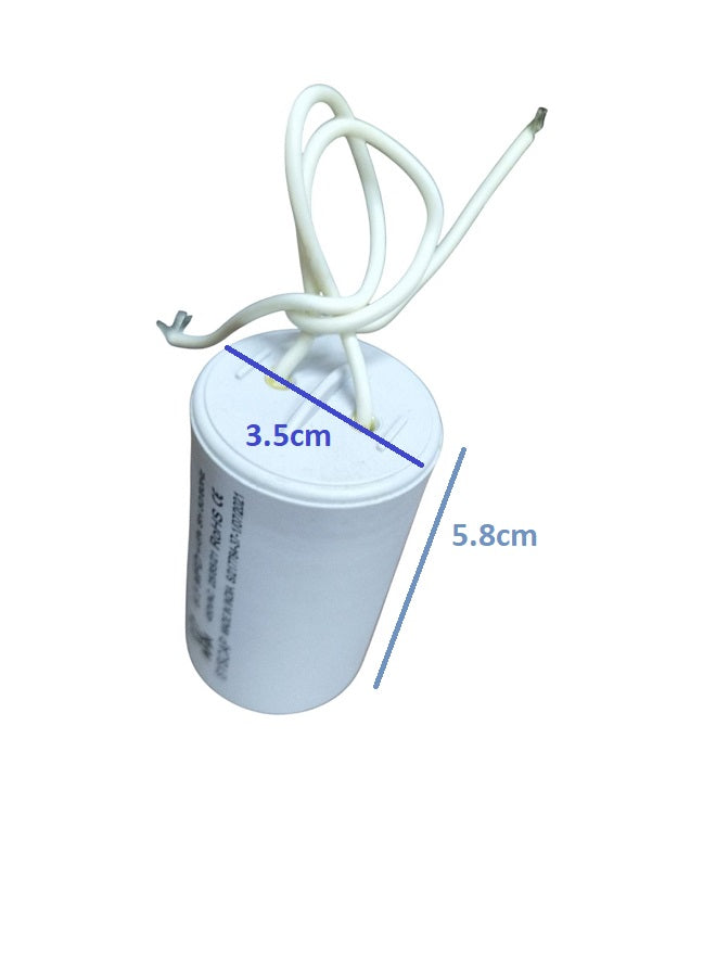 Syscap 8.5MFD 450 VAC Running Capacitor white cylindrical shape with wires and size dimensions