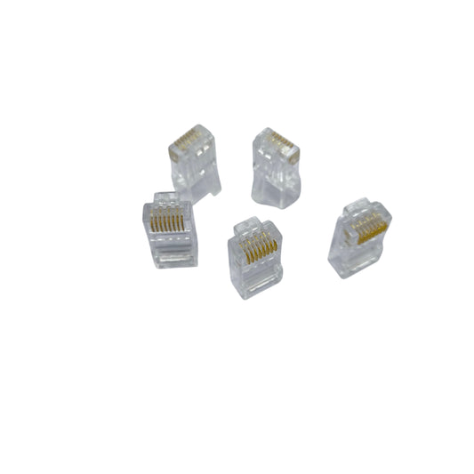 Five AMP CAT 6E RJ45 plug connectors in transparent design for efficient network connections