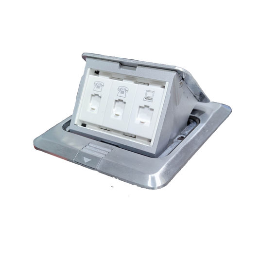 T&J CAT6 with Metal Utility Box floor outlet featuring telephone and network ports in a silver metal casing