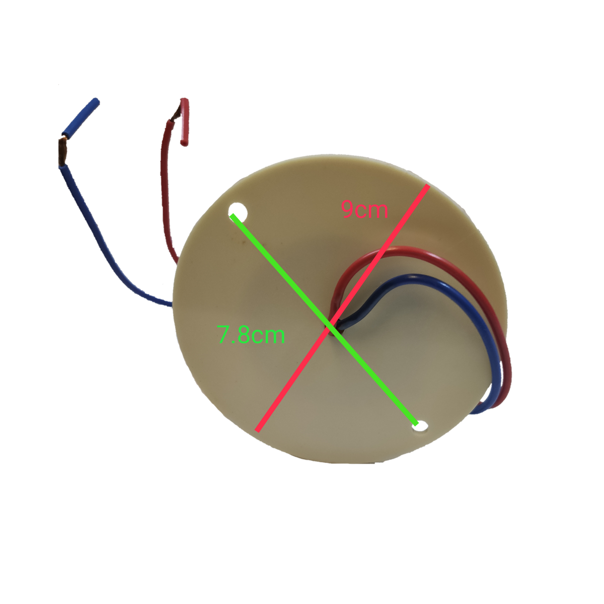 Sub Zero circular blinking light xenon bulb base with red and blue wires on black background