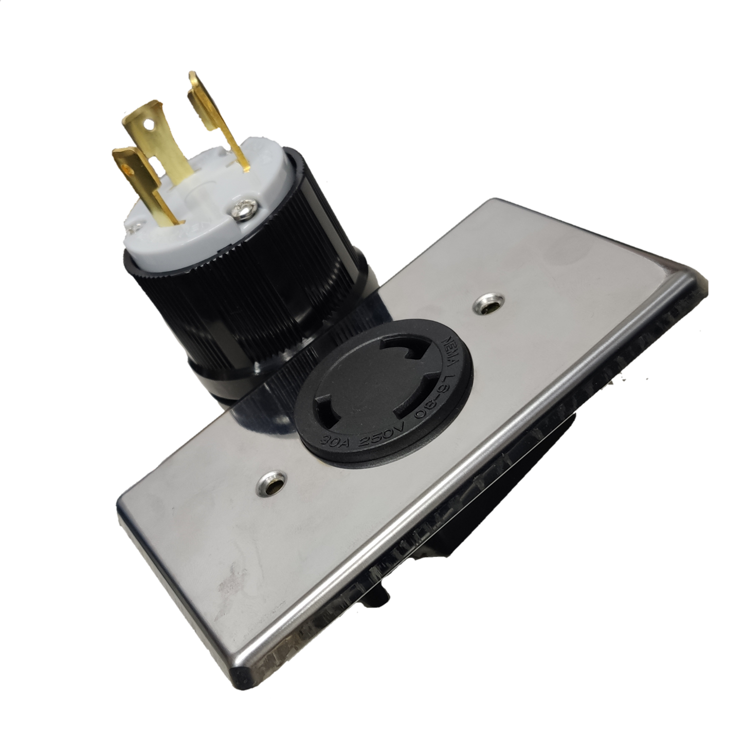 Grippes 30A Twist Lock Outlet with Plug and Stainless Plate 2P+E (3P) 250V (NEMA L6) WJ6331B and BL-630P and 9221
