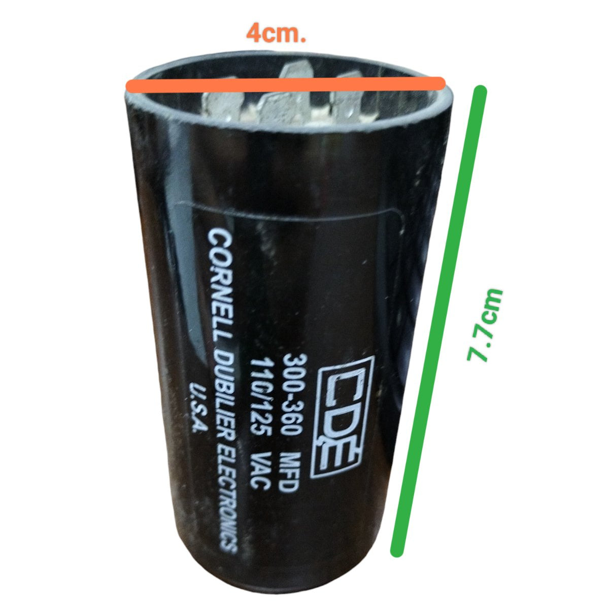 CDE Capacitor 300-360 MFD 110-125V with dimensions 4cm diameter and 12cm height for electrical use