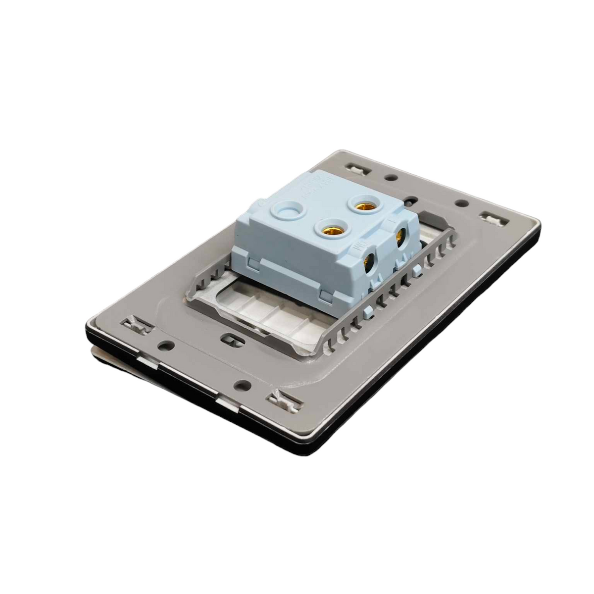 A modular electronic component or connector plate with a light blue top module and a silver metal base, shown on a plain white background.