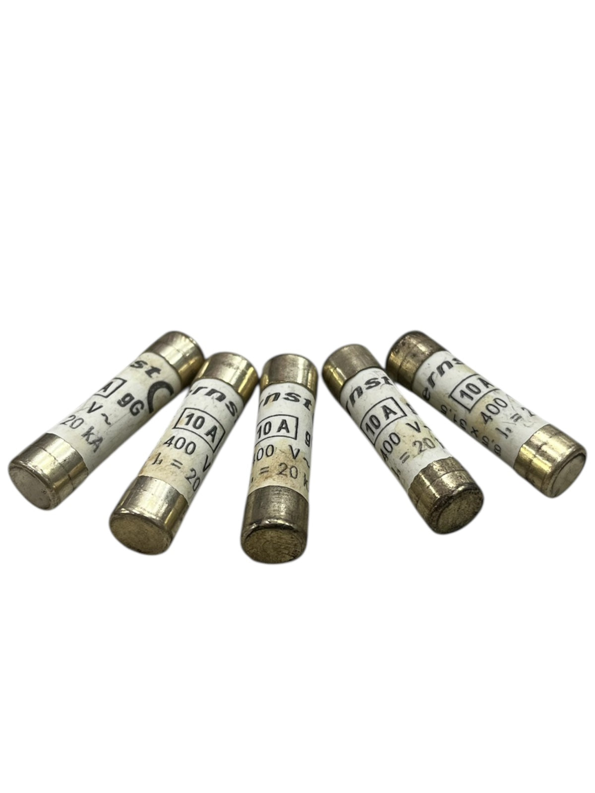 Set of five Ceramic Fuse 10A 400V 8x31mm electrical circuit parts with metal caps