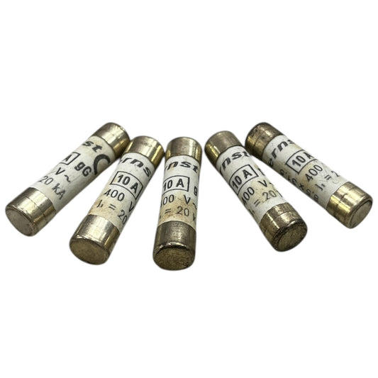 Set of five Ceramic Fuse 10A 400V 8x31mm electrical circuit parts with metal caps
