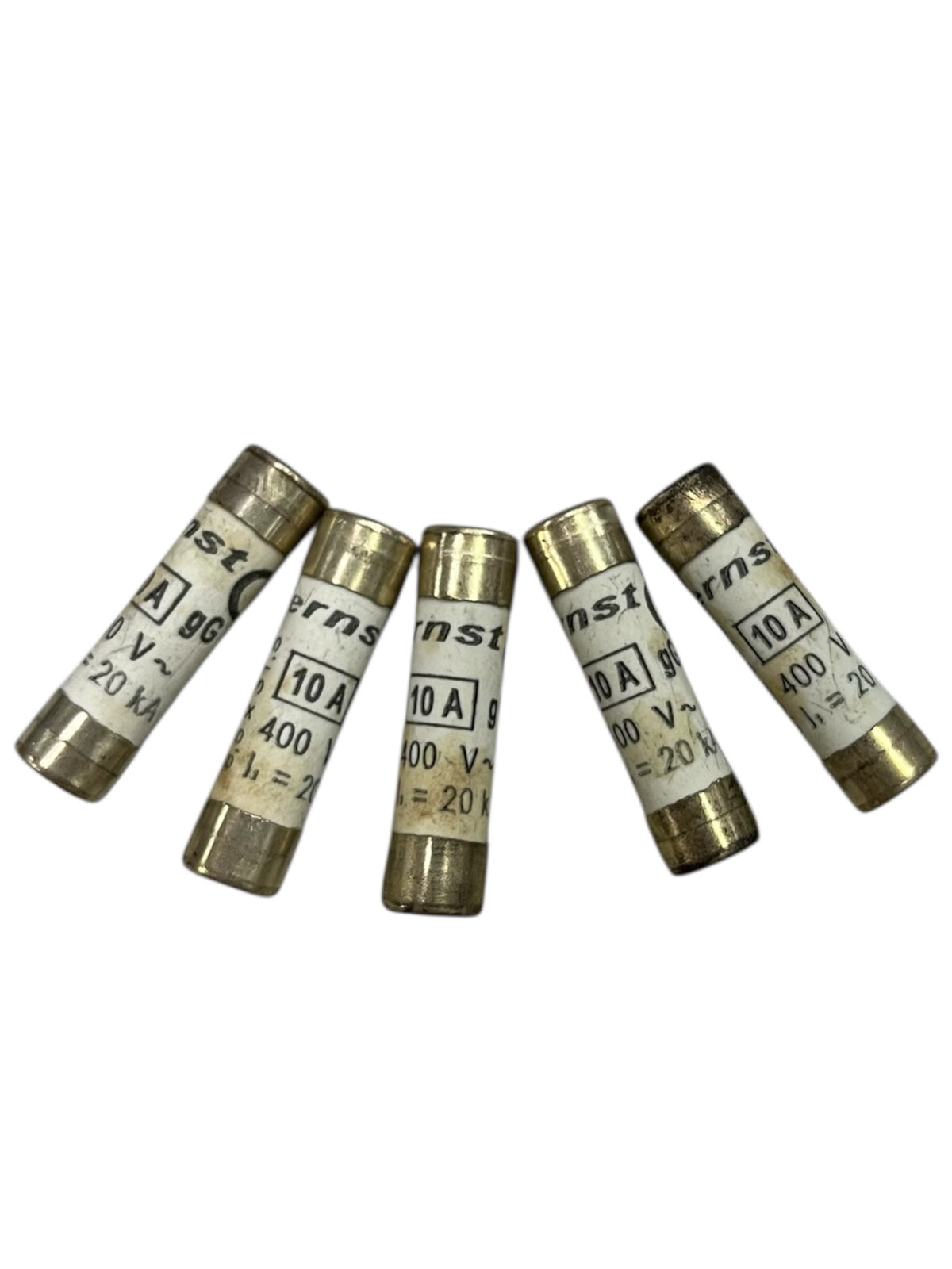 Five ceramic fuse 10A 400V 8x31mm electrical circuitry parts with metal end caps and labeled specifications