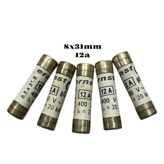 Set of five ceramic fuses labeled Ceramic Fuse 12A 400V 8x31mm for electrical circuitry parts