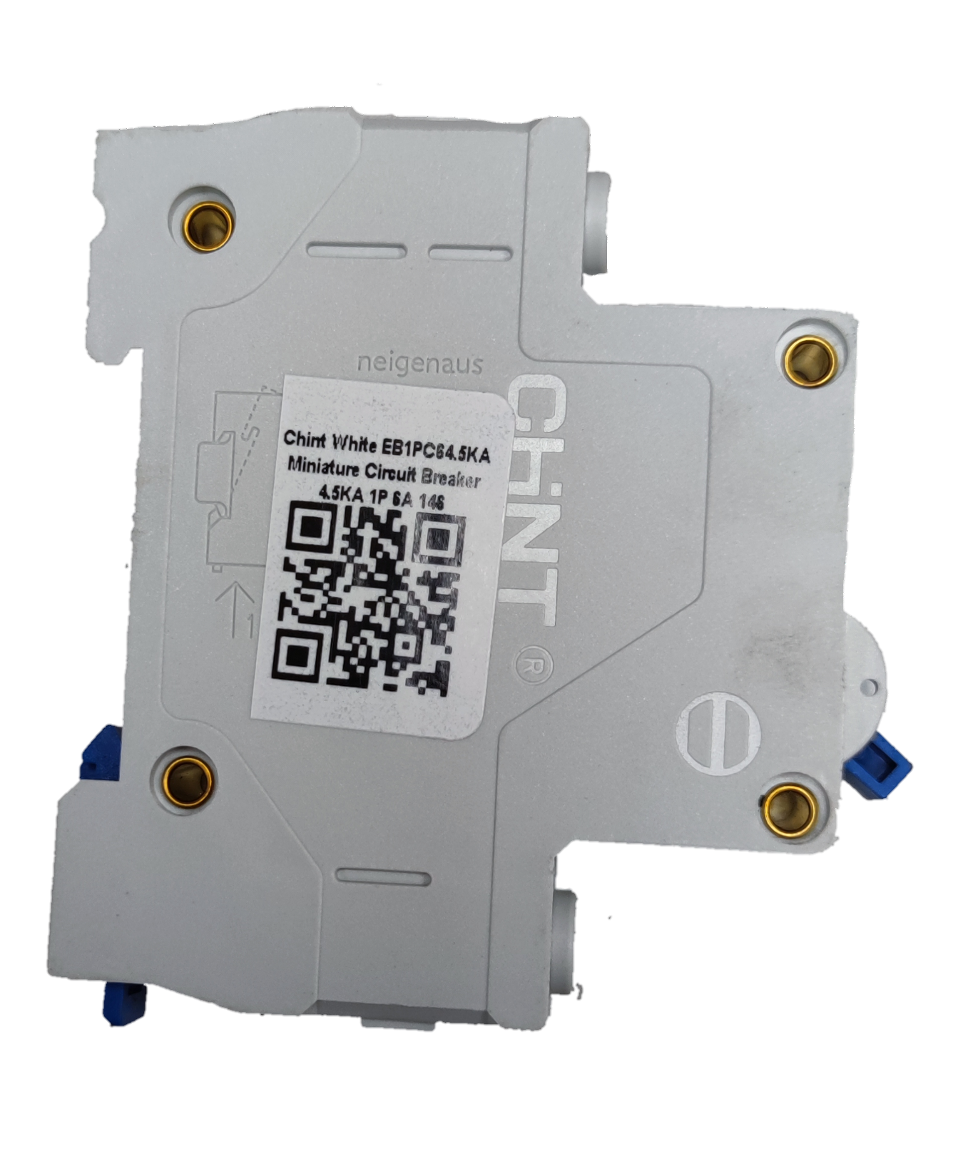 Chint 10a miniature circuit breaker in white with QR code and brass mounting holes