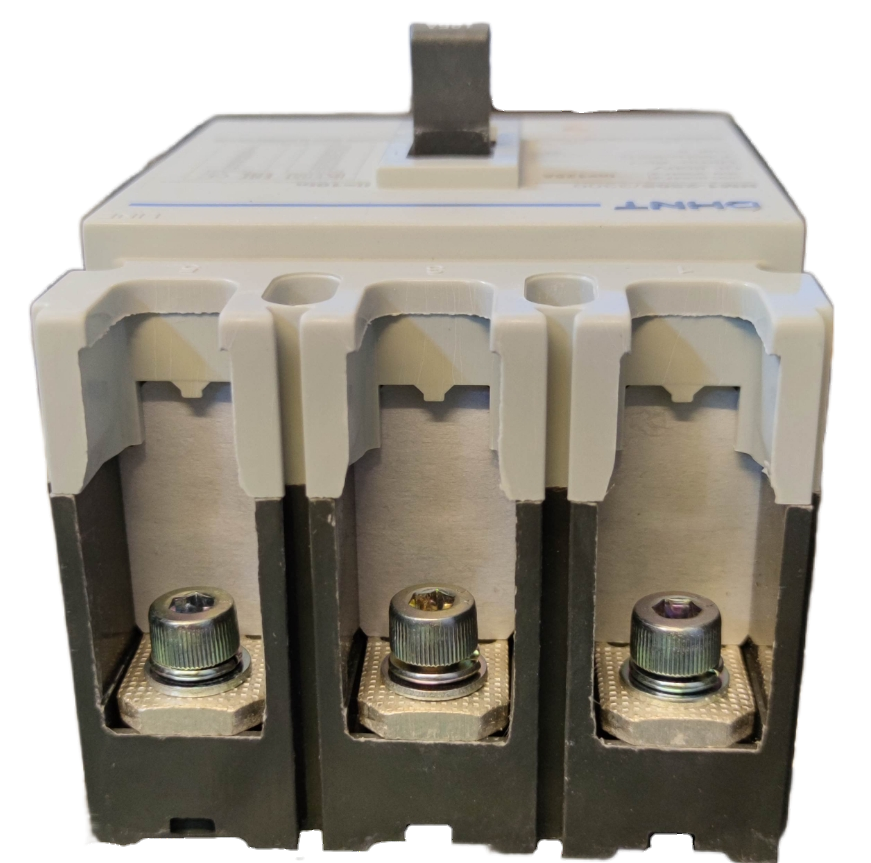 Chint 125A 3 Pole Industrial Circuit Breaker with robust metal terminals and white casing