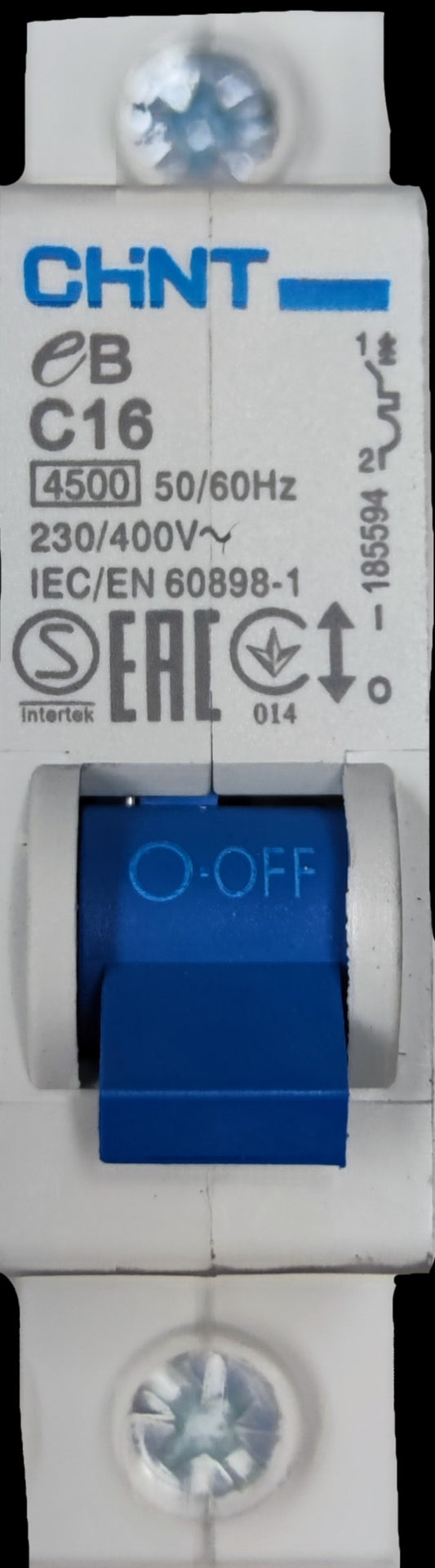 Chint 16A miniature circuit breaker with blue switch and electrical specifications label