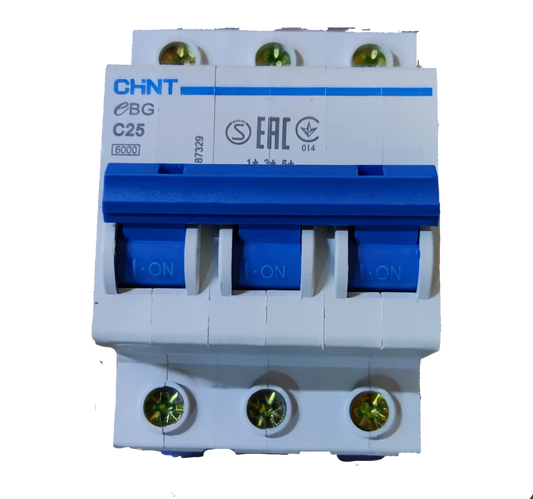 Chint 25A 3Pole Miniature Circuit Breaker with blue switches and white casing for electrical safety
