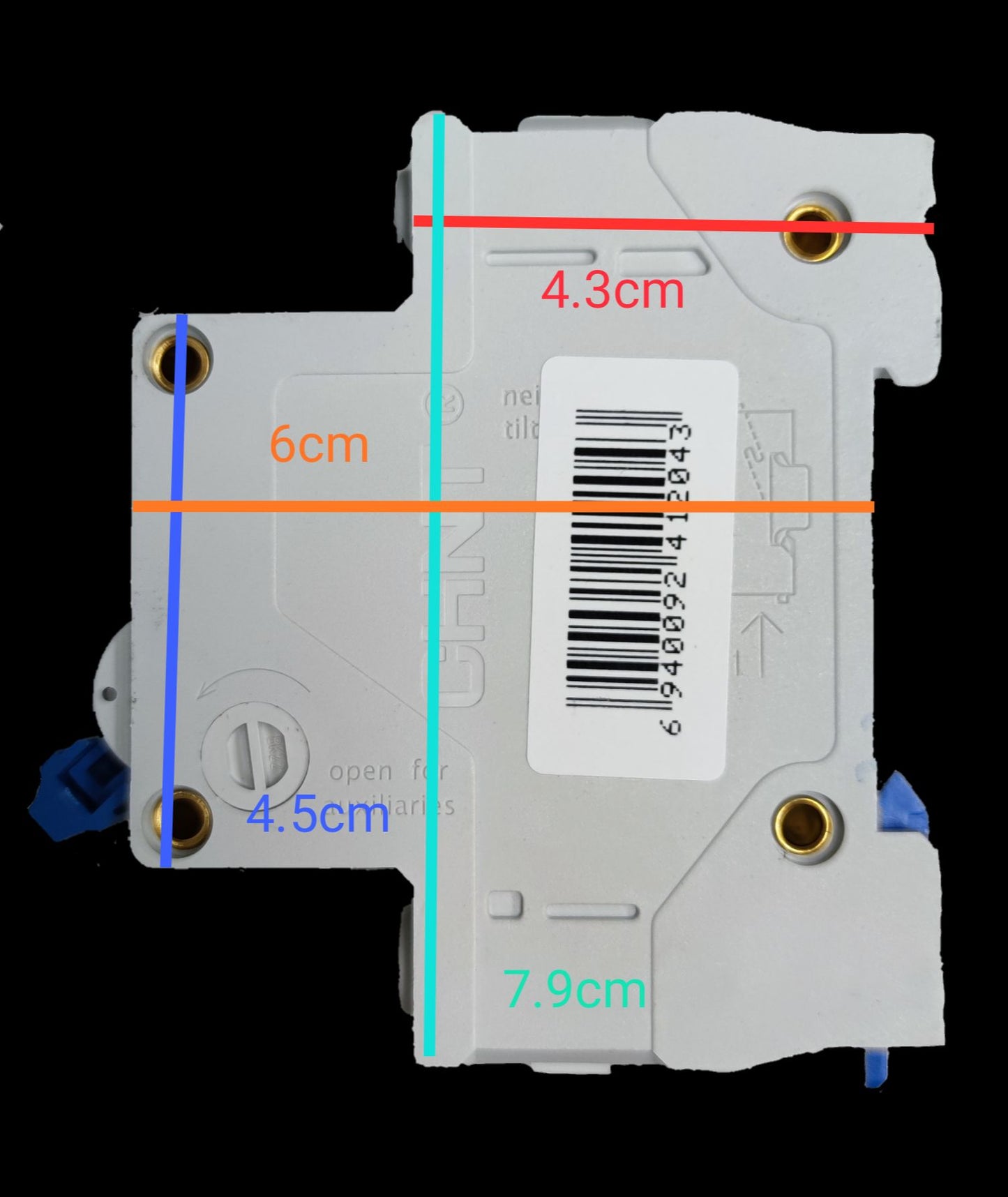 Chint 25A 3Pole Miniature Circuit Breaker showing front view with barcode and mounting holes