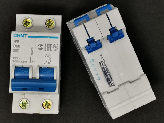 Chint 50A 2 pole circuit breaker with blue switches for electrical protection and safety