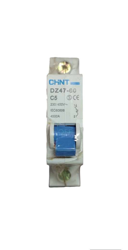 Chint 5A miniature circuit breaker 220V with blue switch and white casing for electrical circuits