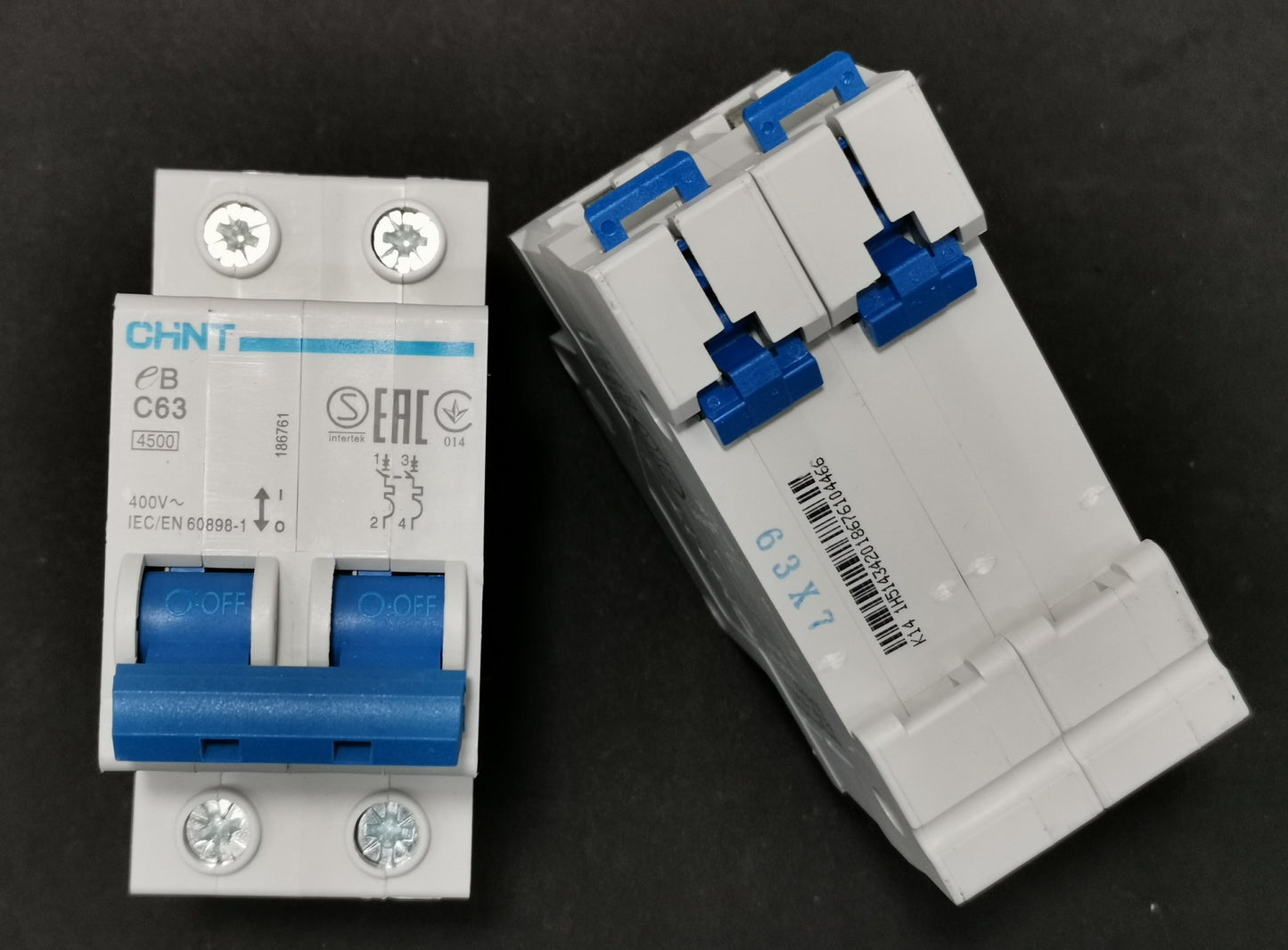 Chint 63A 2 pole miniature circuit breaker with blue toggle switches for electrical protection