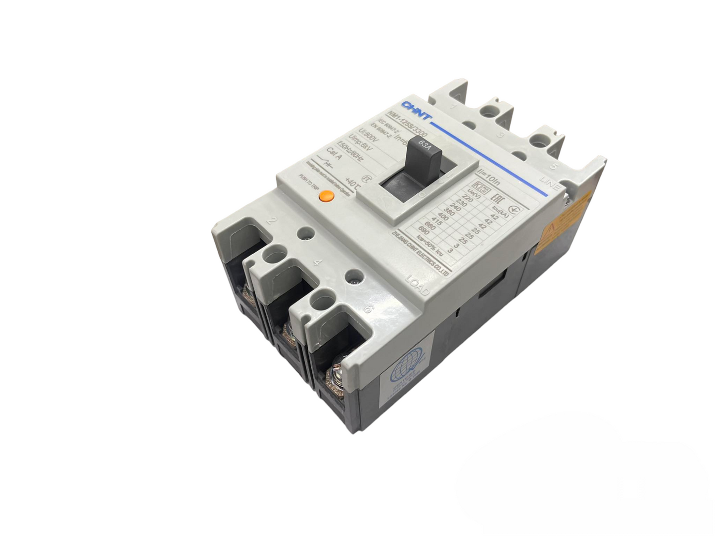 Chint 63A MCCB circuit breaker with a gray body and black switch for electrical protection