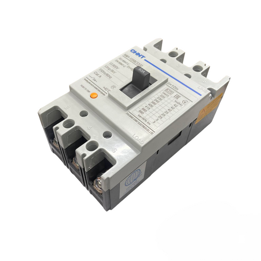 Chint 63A MCCB circuit breaker with a gray body and black switch for electrical protection