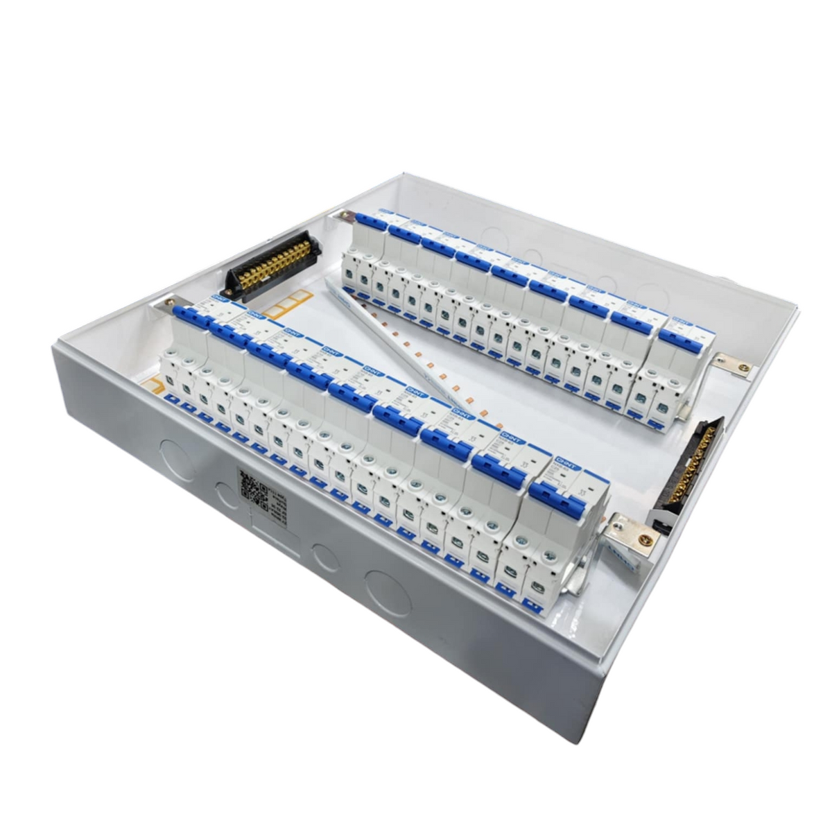 Chint NXB 2 pole breaker panel metal enclosure with two rows of blue toggle breakers and busbars